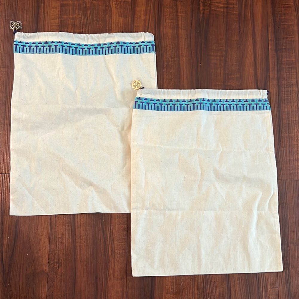 TWO Tory Burch dust bags 15” x 12” with Blue and Cream Accents